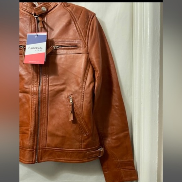 Ladies Genuine Leather Biker Jacket Tan: BR-Alice - Picture 7 of 9